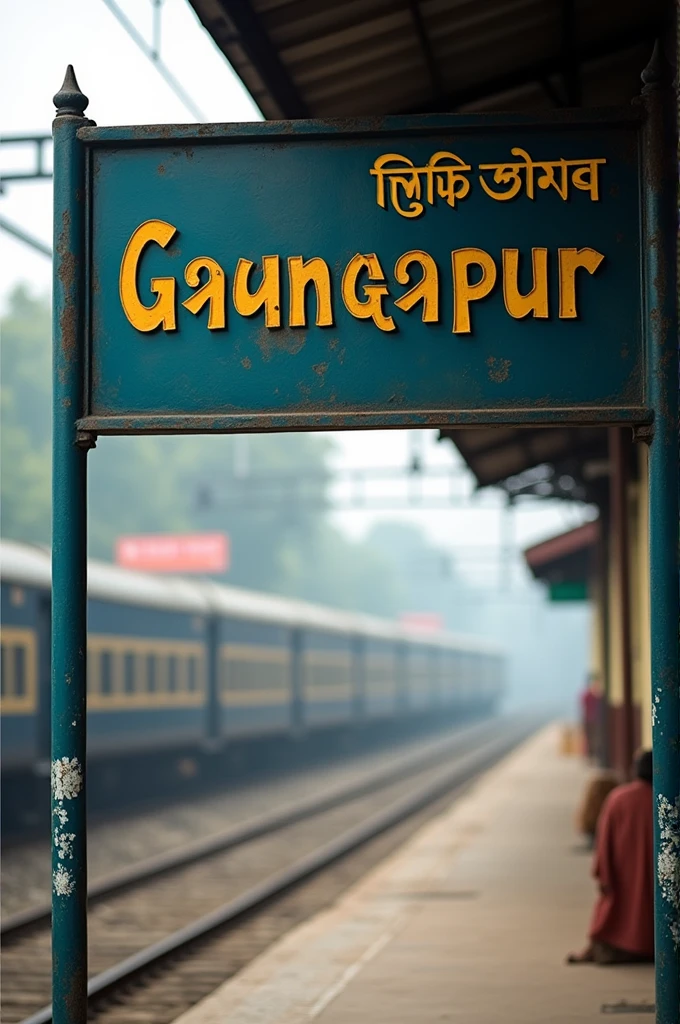 A village name which is Gangapur written in Bengali and Hindi at the railway station