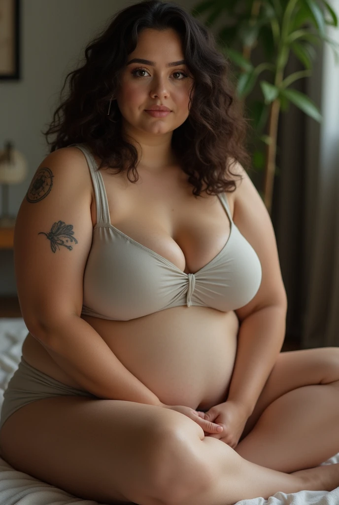 A brunette girl with curly hair and big breasts sits with her legs stretched out, taking a realistic photo