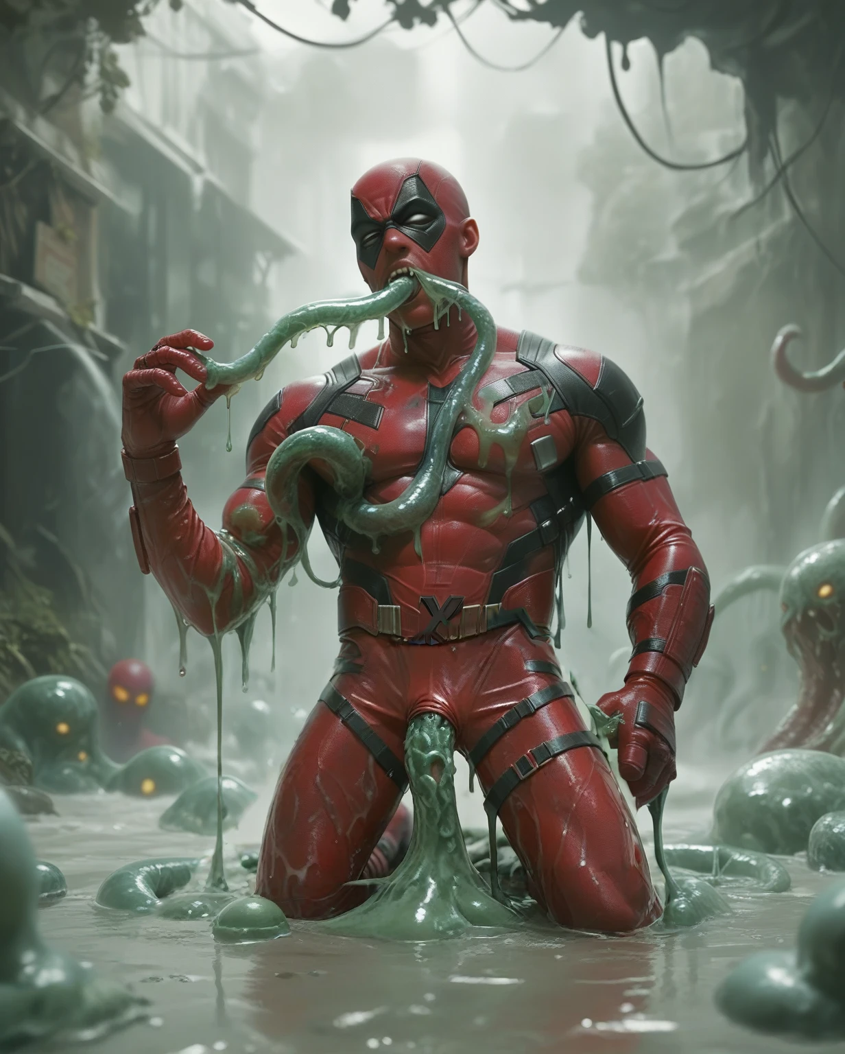 Deadpool, Superhero, Tentacle entanglement, monster breeding, wet, slime, tentacles, slimy tentacles, monster and human breeding, Deep into the mouth, pectoral