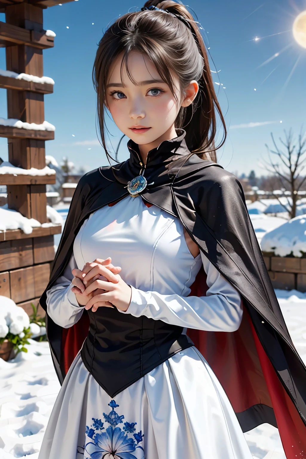 masterpiece,(highest quality: 1.2), (Super fine: 1.2), figure,(very delicate and beautiful: 1.2), film angle, floating,(beautiful detail eyes: 1.1), (detail light: 1.1),film light,delicate sky, woman, gray hair,(high ponytail: 1.1),(shining eye: 1.2), (moonlight: 1.1),starry sky,(particles of light: 1.1),fog ,snow painting, sketch, bloom,Wind Flowers on a Clear Sky,cape,Powdery snow flurries on a clear day,The wind is blowing,Snow is falling,Women have the fortitude to endure sadness,26yo woman,Casual wear,Sad feelings,Dancing snow,The pain of losing a man,cape,A cape that evokes sadness,A cheap mass-produced, plain dress,A typical cheap dress,