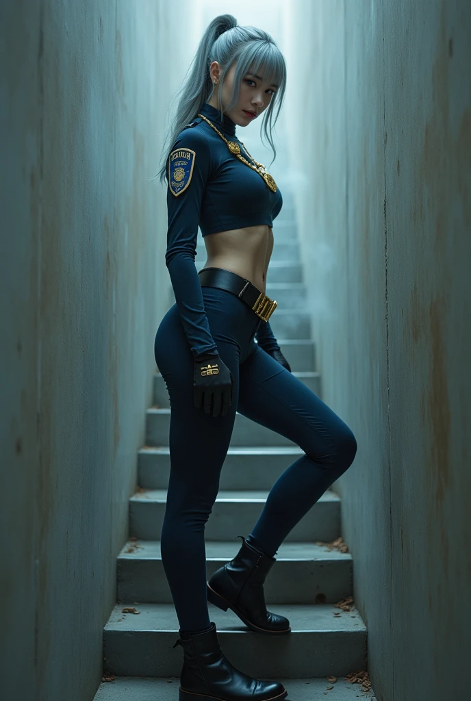 nsfw, masterpiece, Best Quality, hyper Realistic, A mysterious and sophisticated beautiful young gravure Japanese woman with blue eyes wears futuristic and sexy fashion art. standing, Detailed clothing butt, woman is climbing at a wide angle, with her full body in frame. large Butt, sexy large breasts, slim waist, ((police officer style) theme:1.4), (dark navy crop top with gold medals and badges:1.3), (fitted slim pants:1.3), (functional stylish black boots:1.2), (simple belt and gold accessories:1.1), (expressing her unique charm and authoritative presence:1.1),, Her demeanor exudes harmony and striking simplicity, accentuating her curves and digging sensuously into her skin, hyper small head and face, wide and big Duck mouth, half open mouth, perfectly aligned teeth, perfect beautiful wide teeth, Detailed eyes, light blue eyes, half open eyes, shiny Droopy eyes, gray hair, looking other, She is situated within the interior of a futuristic colony, with mist drifting and steam rising from concrete