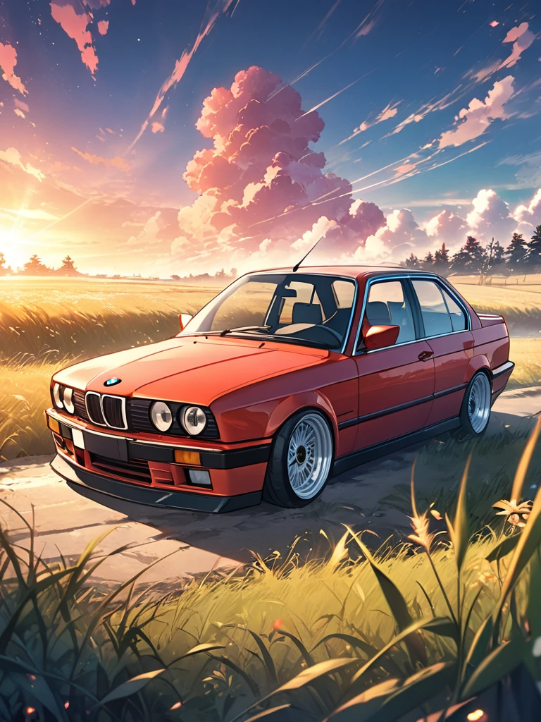 1boy, makima from chainsaw series,(upper body: 1.8), attitude smiling, anime landscape of A pearl super sunny, Red classic 1993 BMW E30 318i sport sits in a field of tall grass with a sunset in the background.character must be sitting on the car, half pants, white sneakers,beautiful anime scene, beautiful anime peace scene, Makoto Shinkai Cyril Rolando, beautiful anime scene, amazing wallpaper, anime art wallpaper 8k, anime background, artistic anime background, anime wallpaper 4k, anime art 4k wallpaper, anime wallpaper art 4k,