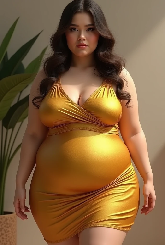 Rubenesque woman, short dress like golden honey