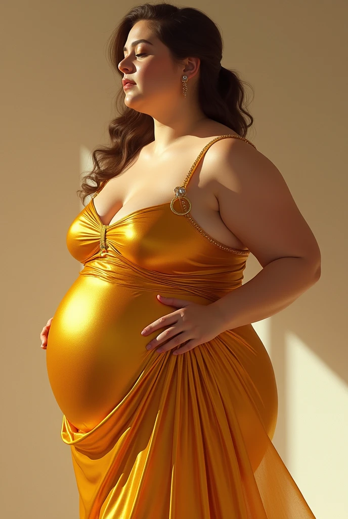 Rubenesque woman, short dress like golden honey