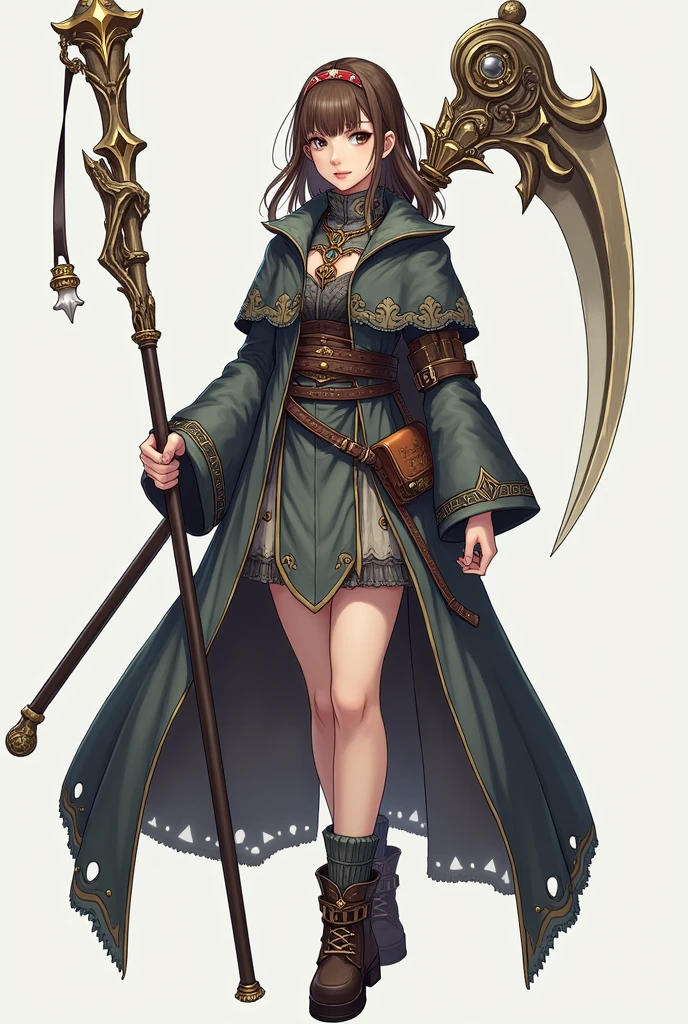 (brown hair swept bangs:1.3), a cartoon image of a woman in a long coat holding a scythe, dressed like a cleric, cleric, octopath traveller style, female cleric, pretty female cleric, marisa kirisame, full portrait of elementalist, mechanized witch girl, fullbody rpg portrait, boris valejo. octopath traveler, detailed full body concept art