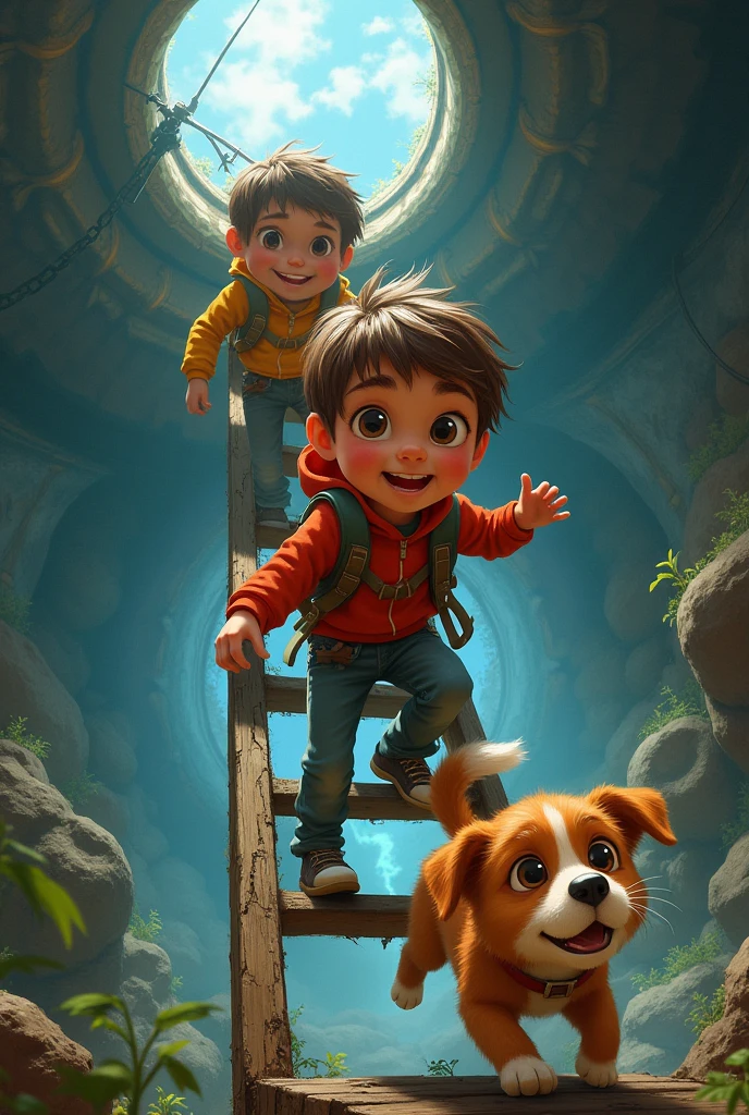 Lila, eyes wide with excitement, exclaimed, “Let’s go see what’s inside!”Max hesitated but nodded, gripping the ladder tightly as they climbed up, with Ollie wagging his tail excitedly below.