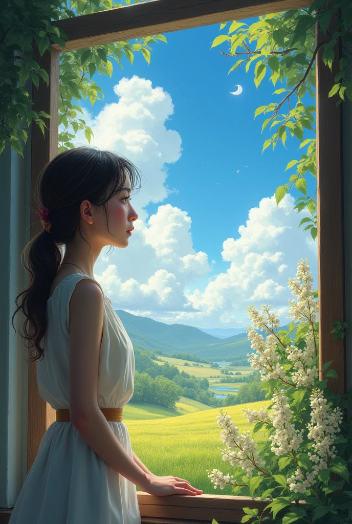 A girl looks out the window and feels free for the first time.the sky becomes bright and nature begins to bloom.she looks very weak and was crying.she is beautiful and thin
