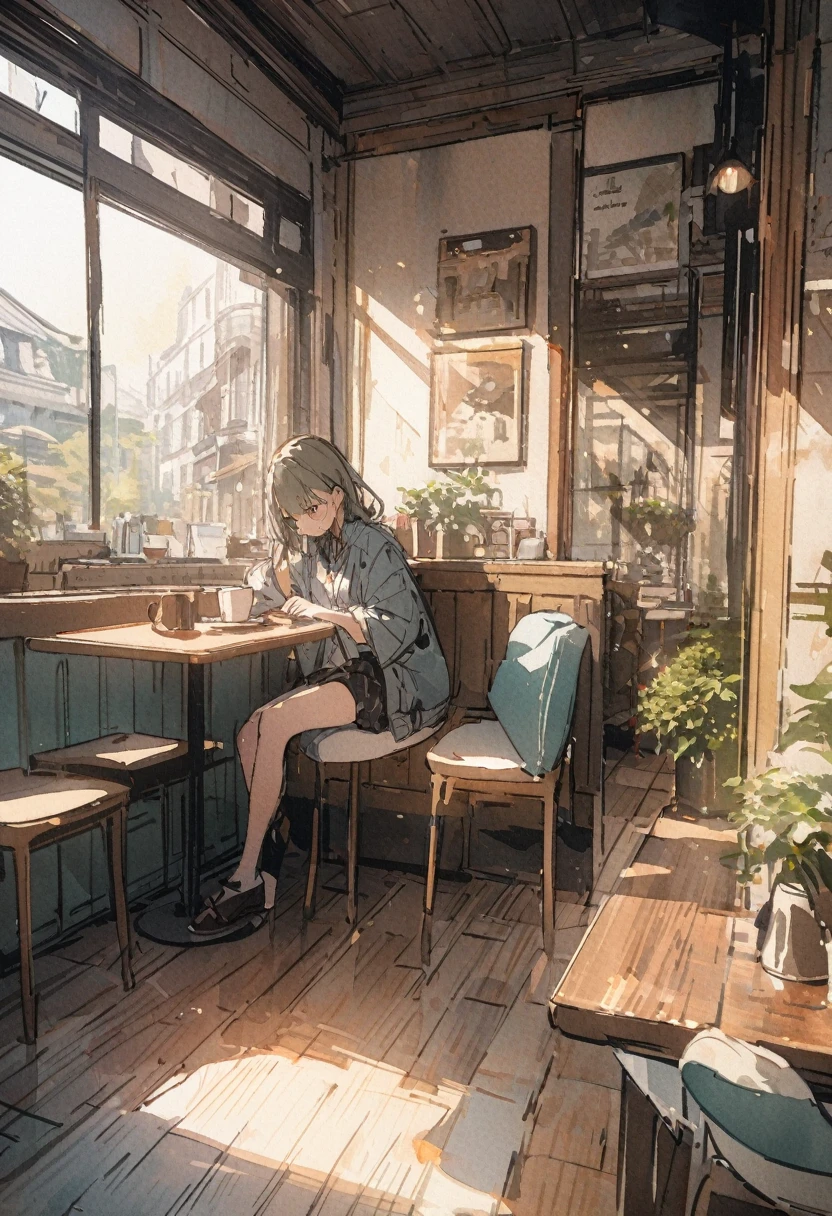 masterpiece,最high quality,Very detailed,High resolution backgrounds,8k,there is nothing,high quality,break,japanese manga style, sketch, Watercolor Colors,Cafe with a nice atmosphere,antique interior,Stylish interior,juvenile,slowly,relax,coffee,