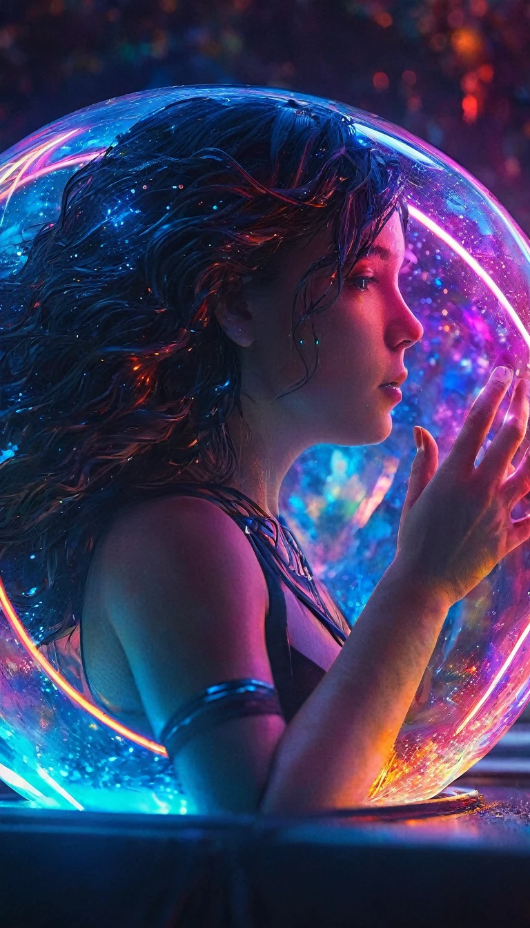 galaxy star nebula inside glass a ball in hand of female alien Alyssa Monks, Beautiful, Glowing Neon, Colorful, Bioluminescent, Hyperdetailed, Detailed, Entangled, Entangled, Whimsical, Fantasy Art, Colorful, Complex, Behance Hd artstation, sharp focus, studio photo, intricate details, highly detailed, by greg rutkowski, outer space, vanishing point, super highway, high speed, digital render, digital painting, beeple, noah bradley, cyril roland, ross tran, trending on artstation
