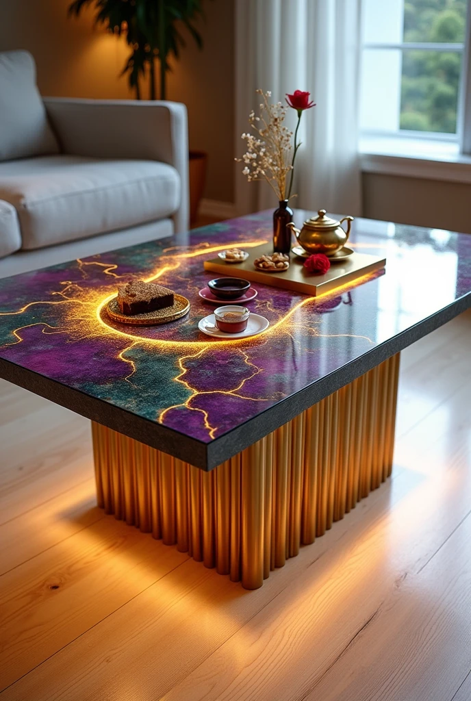 ---
**Small square table, perfect for serving coffee, handcrafted with a two-way mirror glass top that creates a stunning visual effect that looks like the inside of a table as a decoration accessory.** The table is completely covered with a layer of material. **Decostucco** In shades of violet, purple and warm green, interspersed with shiny gold bands that intertwine like veins and lines in a wonderfully artistic way, adding a sense of luxury and distinction.. **The sides are completely covered with Decostucco material without any visible gaps..**
**The table has warm gold LED lighting underneath, reflecting onto the floor and adding a warm and cozy atmosphere..**
**The table is supported by four elegant and distinctive golden legs, designed from a set of thin and shiny golden bars that gather vertically and surround the corners, just as in the picture.** These legs give the table stability and elegance, and complement the modern design to add a unique touch of luxury.. The bars are stacked next to each other in a thin and smooth manner, which enhances the elegant character of the table..
The table is decorated with simple decorations such as golden swags, small flowers, a cake, nuts, a red rose, and a tea cup.. **The table is placed on a light-coloured wooden floor to enhance the contrast between the luxurious design and modern colours, making it a distinctive piece of art in any room or living room..**
---