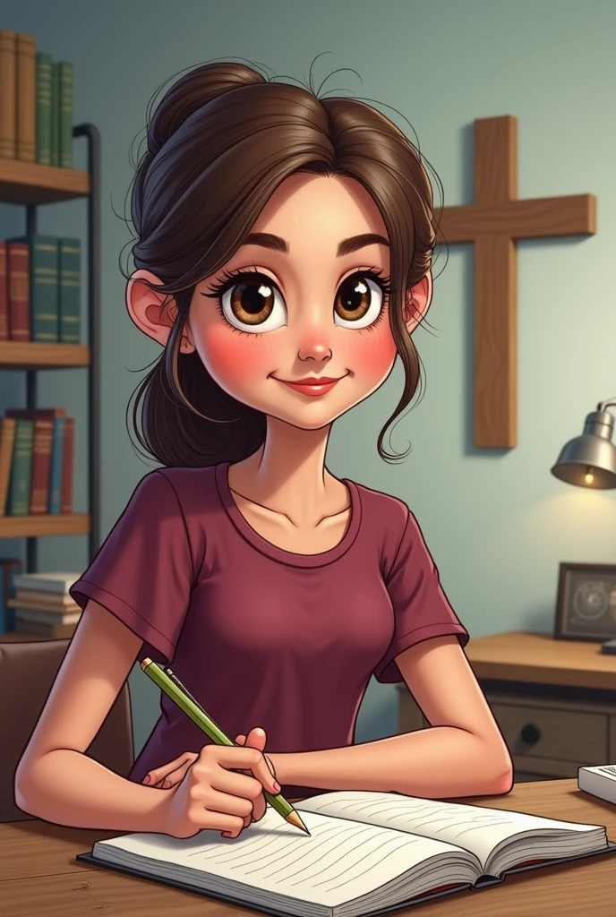 caricature drawing of a young woman student who is studying in her table, with a backgrounr of her room, with a Jesus Christ cross in her wall, obedient and responsible to her parents. wearing a maroon t shirt