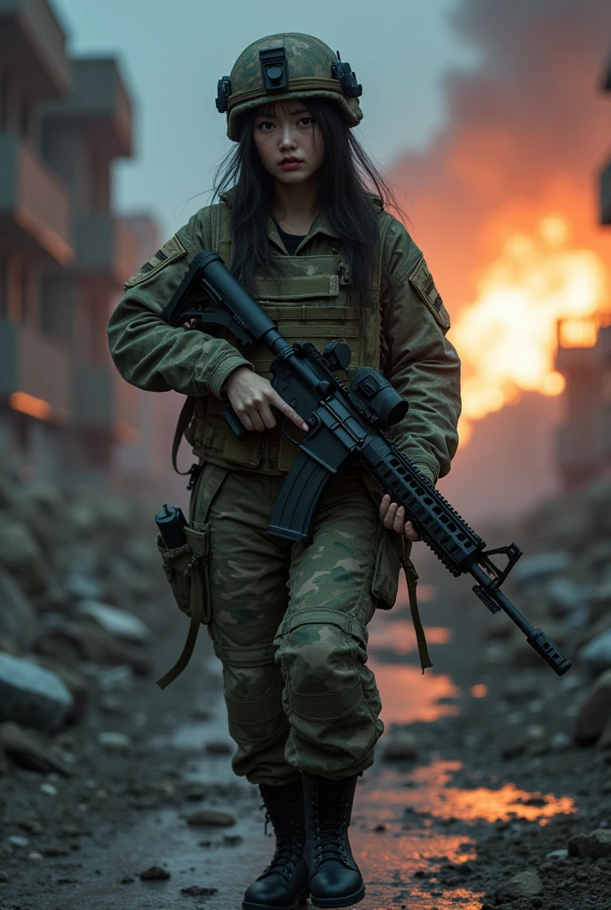 Photo-realistic, ultra-realistic, very beautiful Japanese, famous Japanese idol, (Fully equipped for battle:1.5), holding m4a1 large assault rifle, (amazing view of A building destroyed by a missile explosion:1), (she is very scared and crying:1), (wearing an army soldier's Camouflage outfits with military helmet:1.5), (at a battle field of Abandoned Building at night), very large breasts, (tactical vest, military harness:1.3), (military long boots:1),