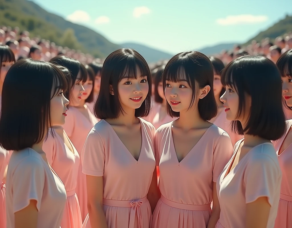 (((((Japanese Clone girls=Myself)))))), (((Best Super High quality Myself Clone girls Raw Photography Art))), (16K, Highest quality, Ultra-high resolution, RAW Photos), (((It's so unrealistic., With unparalleled depiction, With an unfathomable sight, An unprecedented and shocking worldview, Clone girls in a world of mass reproduction, Ultra-realistic))), (((Japanese, woman, 20yo, Yoshioka-riho))), (Small face, ((Thick black hair, Semi-long hair))), ((V-neck short-sleeve dress)), (((((Very beautiful detailed girls, Accurate body structure, Very detailed完璧な, Super busty body with very large breasts, Clearly emphasizes cleavage))))), (((Dark Eyes, Mature face, Cute Smile, A gentle gaze))), (((Very happy laughter is beautiful))), ((((((((Very detailed分身増殖描写, ((1girl→Myself cloning→1,000,000,000,000,000,000,000,000Myself Clone girls)))))))))), ((((((((Very detailed, The precise depiction of the proliferation of Myself Clone girls, ((With the perfectly identical bodies of Myself clone girls, With the exact same face as the Myself clone girls, With the exact same hairstyle as the Myself clone girls, In the exact same clothes as the girls who are my clones, Perfectly the same height as the Myself clone girls, Super big breasts, just like the Myself clone girls)))))))))), (((Myself clone girls only))), (((Very detailed, Myself clone girls multiplication, 1,000,000,000,000,000,000,000,000Myself Clone girls→100,000,000,000,000,000,000,000,000,000,000,000,000,000,000^1,000,000,000,000,000,000Myself Clone girls))), (((Very detailed描写で, (An embrace between self, Back to Back, Myself clone girls assemble, Fun conversations with fellow Myself clone girls, A fun conversation between Myself clone girls, Myself clone girls kissing each other everywhere, A passionate love affair between Myself clone girls, Myself clone girls holding hands)))), (((looking at the camera))), (((Unbelievably crowded, Transcendent Myself clone girls intimately, Countless Myself clone girls surround you in 360 degrees))), (Bright, soft sunlight), (((Very wide field of view, Very detailed, Detailed ultra-perspective depiction with clear depth))), (((((Curved slope landscape))))), (((Very photographic and detailed depiction, Myself clone girls will multiply infinitely and fill the horizon with no gaps and super close female bodies., A scene of endless Myself clone girls and a fun atmosphere))), (Focus on the average value of the image)