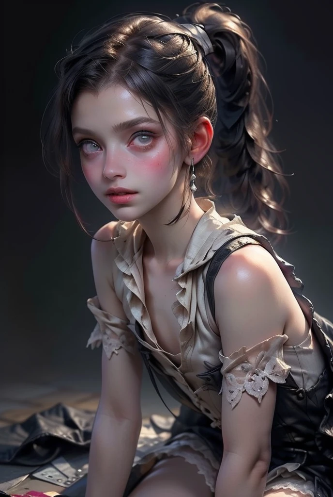 ((best quality)), ((masterpiece)), (detailed), perfect face (((masterpiece, of the highest quality, super detailed))), hand drawn style, hand painted style, watercolour, sketch, a knight, white background, plain background, Bloodborne inspired, tatty Bloodborne attire, occult aesthetic, occult, tatty red and white clothing detailed and intricate steampunk and detailed gothic ta (with a hood), long coat, Complex laced boots, Fluttering lace flared long knee length dress with frilly petticoats, long dress, knee length dress, pleated petticoats, loliress, petticoats gothic lolita aetic, beautiful small breasts, (((flat chest:1.1))), (((( Highly detailed face))), small thin nose, Small thin lips mouth, (((Very sharp focused eyes))), Very large slit precision pale grey eyes that shine like jewels. (looking here), (resolved expression), (resolute expression), ((dark hair)), ((long ponytail, thick ponytail, heavy ponytail)), very long eyelashes, white background, Very dramatic and cinematic lighting, tatty damaged old red and white clothing, full body, whole body, body, ((NSFW))
