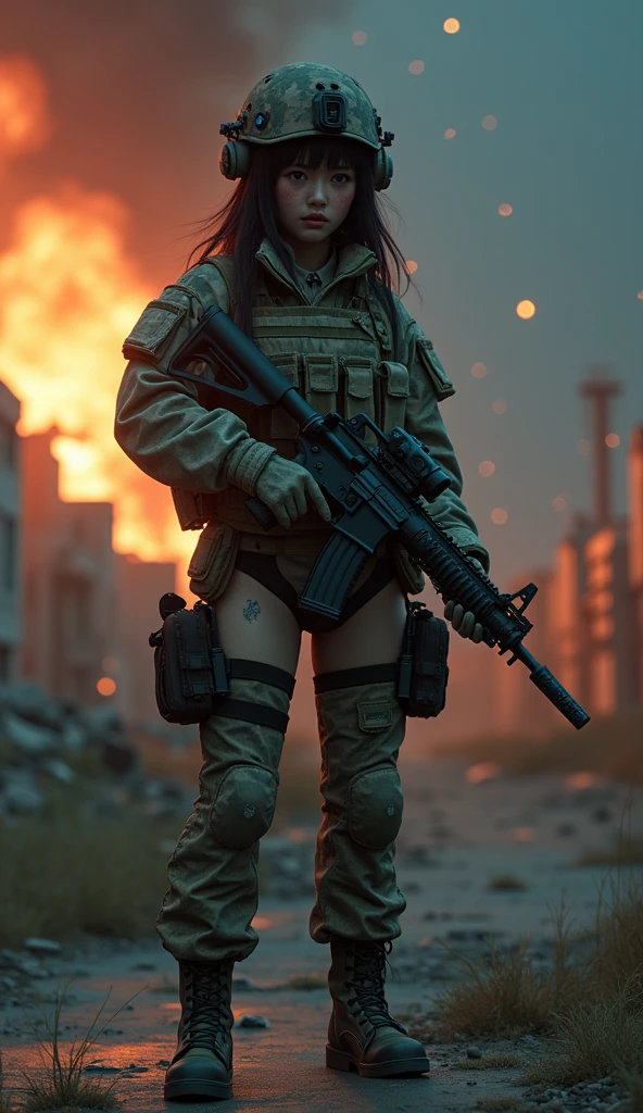 Photo-realistic, ultra-realistic, very beautiful Japanese, famous Japanese idol, (Fully equipped for battle:1.5), holding m4a1 large assault rifle, (amazing view of A building destroyed by a missile explosion:1), (she is very scared and crying:1), (wearing an army soldier's Camouflage outfits with military helmet:1.5), (at a battle field of Abandoned Building at night), very large breasts, (tactical vest, military harness:1.3), (military long boots:1),