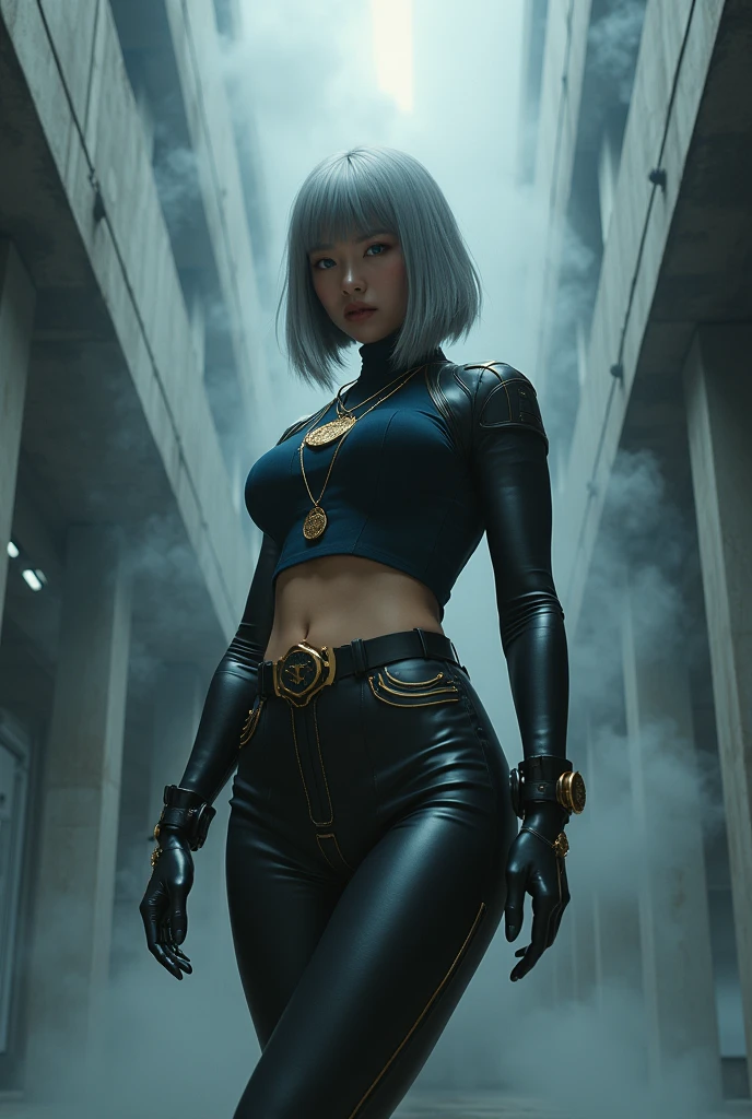 nsfw, masterpiece, Best Quality, hyper Realistic, A mysterious and sophisticated beautiful young gravure Japanese woman with blue eyes wears futuristic and sexy fashion art. standing, Detailed clothing butt, woman is climbing at a wide angle, with her full body in frame. large Butt, sexy large breasts, slim waist, ((police officer style) theme:1.4), (dark navy crop top with gold medals and badges:1.3), (fitted slim pants:1.3), (functional stylish black boots:1.2), (simple belt and gold accessories:1.1), (expressing her unique charm and authoritative presence:1.1),, Her demeanor exudes harmony and striking simplicity, accentuating her curves and digging sensuously into her skin, hyper small head and face, wide and big Duck mouth, half open mouth, perfectly aligned teeth, perfect beautiful wide teeth, Detailed eyes, light blue eyes, half open eyes, shiny Droopy eyes, gray hair, looking other, She is situated within the interior of a futuristic colony, with mist drifting and steam rising from concrete