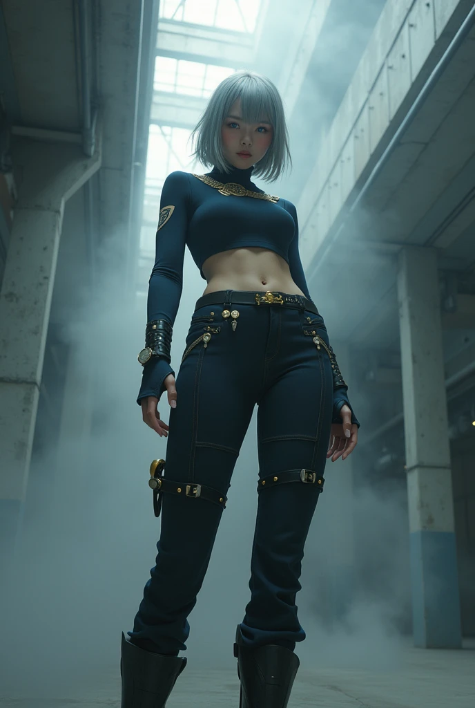 nsfw, masterpiece, Best Quality, hyper Realistic, A mysterious and sophisticated beautiful young gravure Japanese woman with blue eyes wears futuristic and sexy fashion art. standing, Detailed clothing butt, woman is climbing at a wide angle, with her full body in frame. large Butt, sexy large breasts, slim waist, ((police officer style) theme:1.4), (dark navy crop top with gold medals and badges:1.3), (fitted slim pants:1.3), (functional stylish black boots:1.2), (simple belt and gold accessories:1.1), (expressing her unique charm and authoritative presence:1.1),, Her demeanor exudes harmony and striking simplicity, accentuating her curves and digging sensuously into her skin, hyper small head and face, wide and big Duck mouth, half open mouth, perfectly aligned teeth, perfect beautiful wide teeth, Detailed eyes, light blue eyes, half open eyes, shiny Droopy eyes, gray hair, looking other, She is situated within the interior of a futuristic colony, with mist drifting and steam rising from concrete