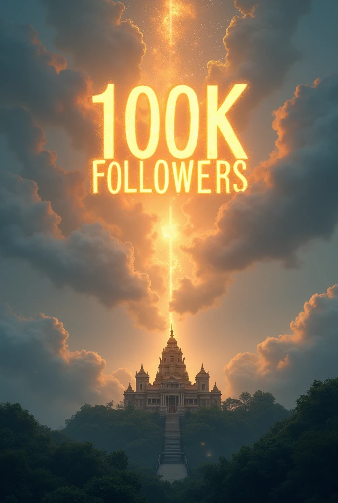 100k followers ramdevpir_dham_ranasan golden text in sky with