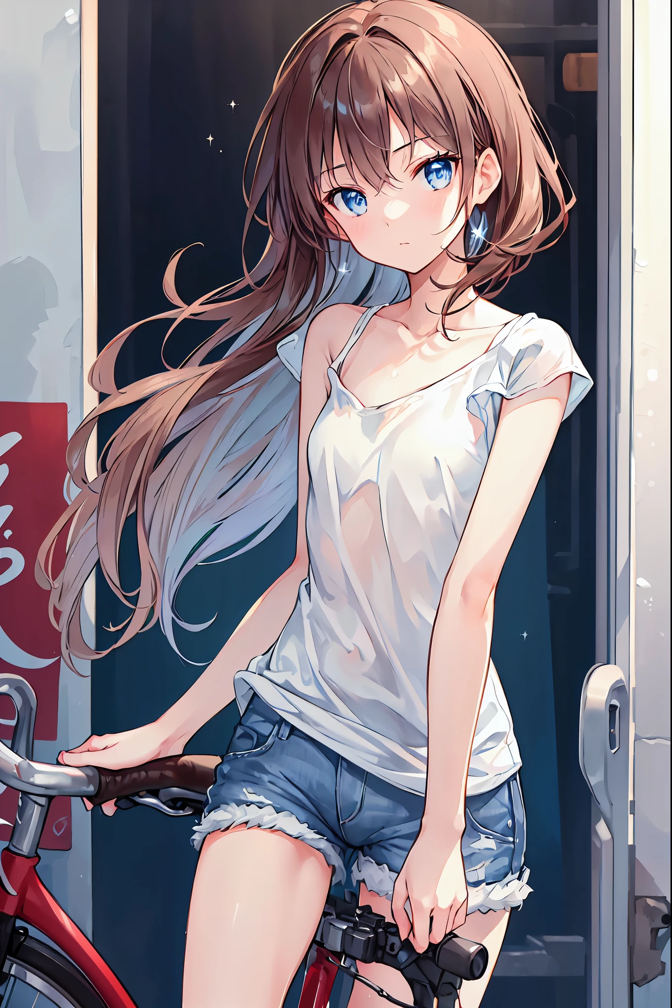 One person, Brown Hair，Shortcuts，Messy Hair，Slender beauty，A dignified posture，Small chest，Beautiful feet, Her captivating grey-blue eyes shine like stars,  Wearing a plain white T-shirt, Denim shorts, There is nothing there, View your viewers, ride a bicycle，The bike is super high-end