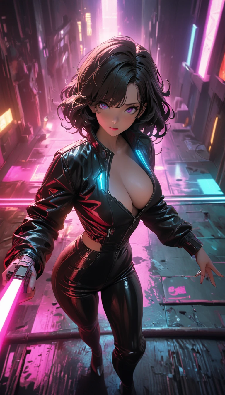 
cyberpunk style，30-year-old mature and charming woman，Leather jumpsuit and leather pants cover the whole body，High-heeled leather boots，Fight with a laser sword，Beautiful，Glowing special effects，celluloid style，Flat coating，HD，CG art，comics，8K，looking into camera，high quality，illustration，Vaporwave style，rim light，movie lighting，Super detailed，complex，OC renderer，cinematic perspective，high resolution
