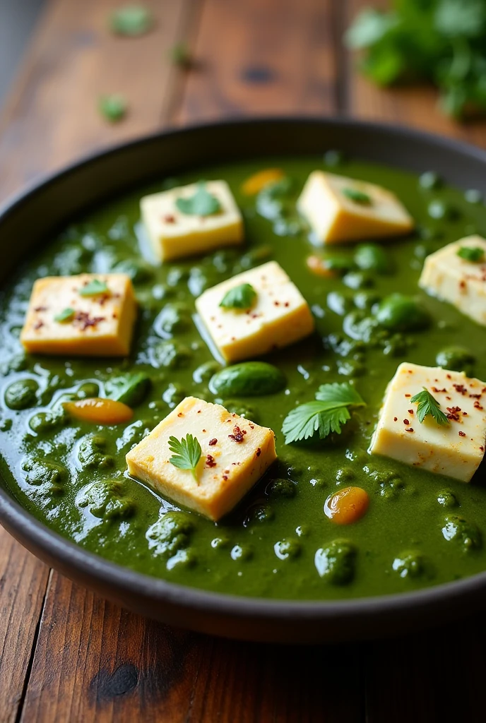 Palak paneer on a plate with toppings . On a wooden table