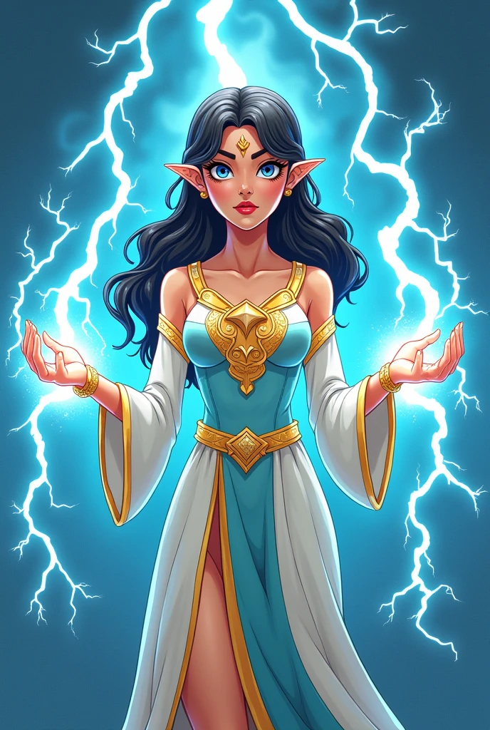 goddess of lightning holding a lightning bolt in both hands, looking at the front, half body cartoon