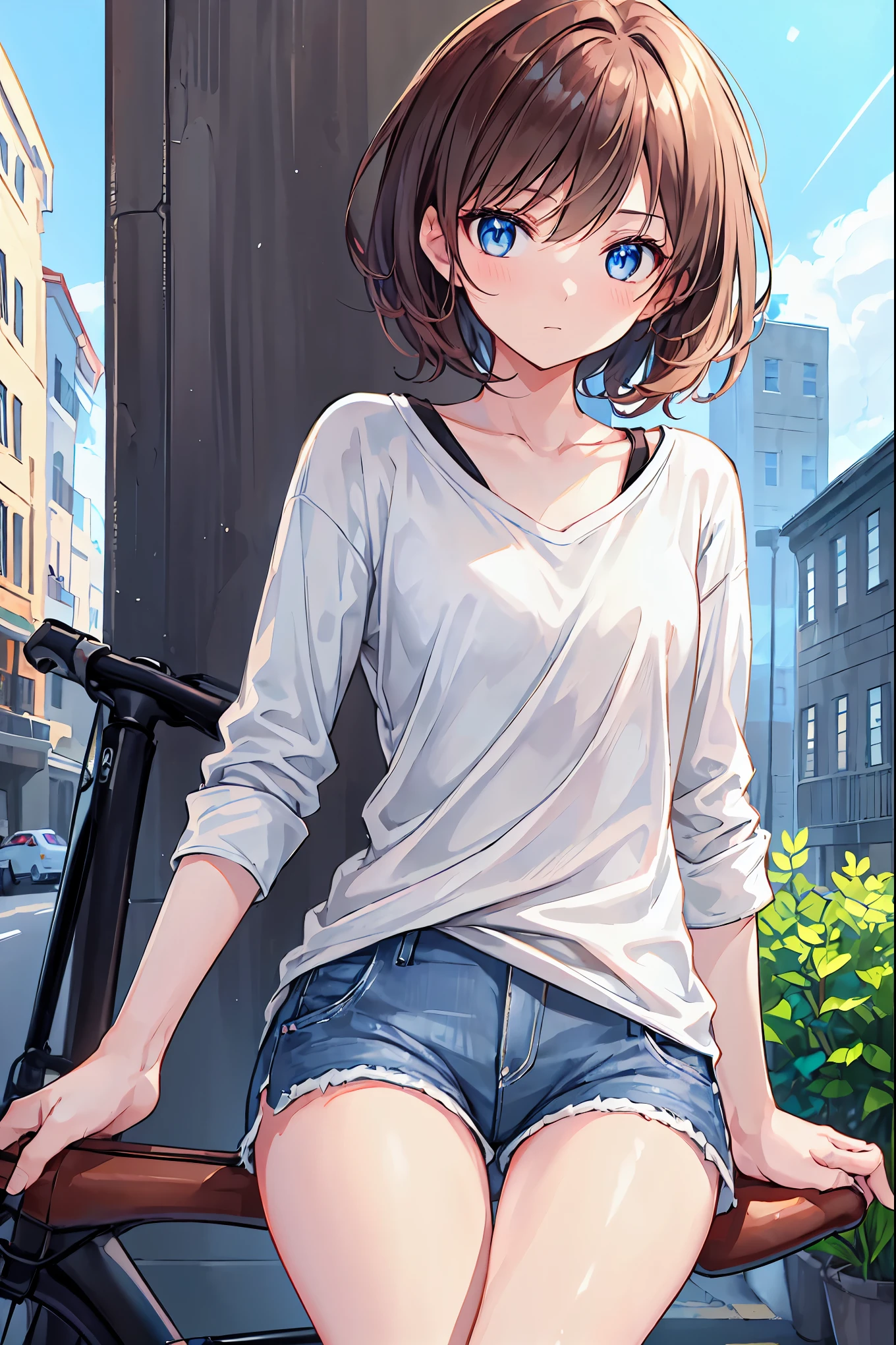One person, Brown Hair,Shortcuts,Messy Hair,Slender beauty,A dignified posture,Small chest,Beautiful feet, Her captivating grey-blue eyes shine like stars, Wearing a plain white T-shirt, Denim shorts, There is nothing there, View your viewers, ride a bicycle,The bike is super high-end