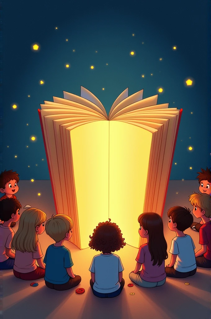 25 children 

a big book with emerging light
and behind them 25 children
13 boys 12 girls
sitting girl boy girl boy all of them
looking at book in awe 
book should look magical 
in horizontal 
big book 
all children visible 
style cartoon 
like tom and jerry 
