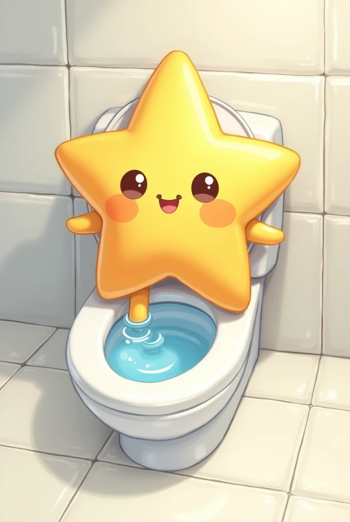 Create a cute little star on the toilet, with the toilet lid open, Pooping