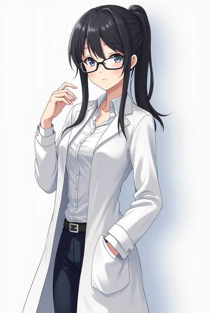 anime character of a woman in a lab coat and glasses, (ponytail forehead hair pulled back:1.3), (black hair:1.3), from girls frontline, fine details. girls frontline universe, girls frontline style, girls frontline cg, kantai collection style, by Akihiko Yoshida, female protagonist 👀 :8, with a lab coat, wearing lab coat and a blouse, mayuri shiina from steins gate, (doctor), doctor, wearing a labcoat, wearing a lab coat, full body illustration, anime full body illustration, wearing lab coat and glasses, wearing lab coat, professor clothes, hinata hyuga