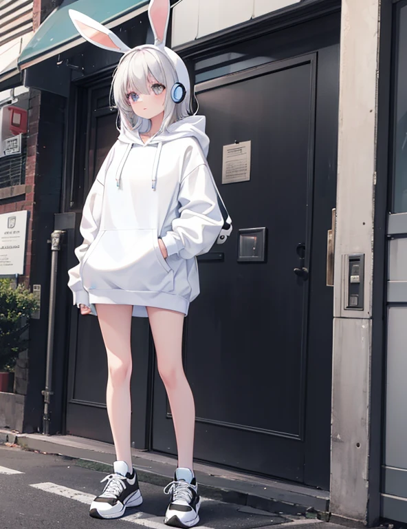 a young woman,1, wearing a white bunny hoodie, headphones, black and white sneakers, standing, full body shot, exposed