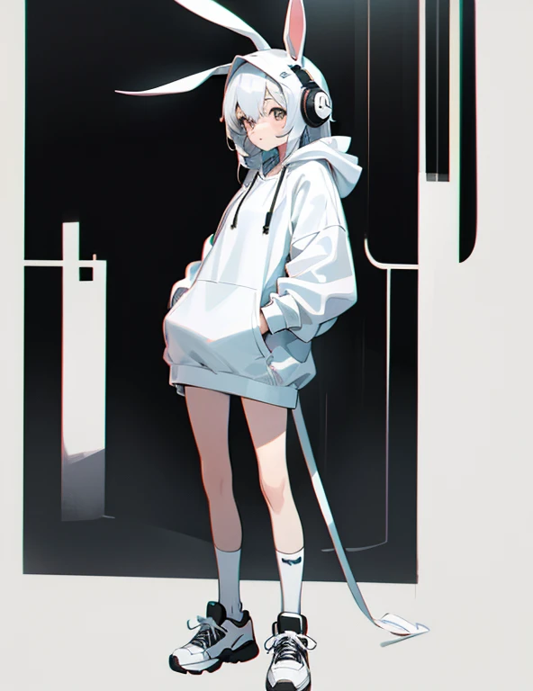 a young woman,1, wearing a white bunny hoodie, headphones, black and white sneakers, standing, full body shot, exposed