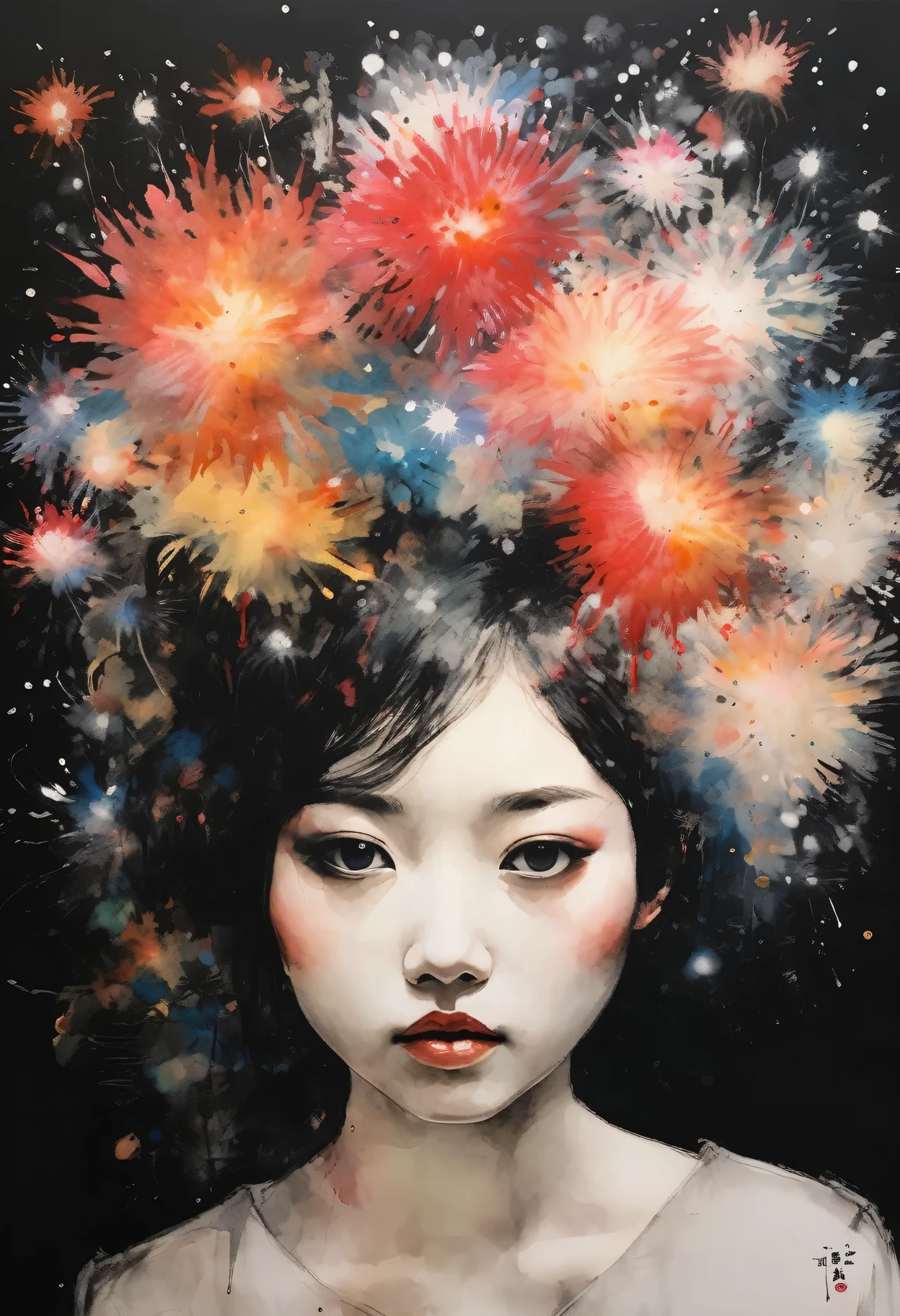 Painting of a beautiful girl looking up at fireworks、Fireworks like large flowers、Filled with love for fireworks、love deep、chaos、(Ink drawing on Japanese paper, Bleeding easily)、(Picture book-like contemporary art) ,Dark Side Artistic、Contemporary Art、(Transparent watercolor) (Light itself is reality) (Soft layer,Colorful colors、lots of colors) (shades of paint dissolved thinly with water) (deep, Delicate colors) paint (draw) In black and white:1.4、Masterpiece、Highest quality、