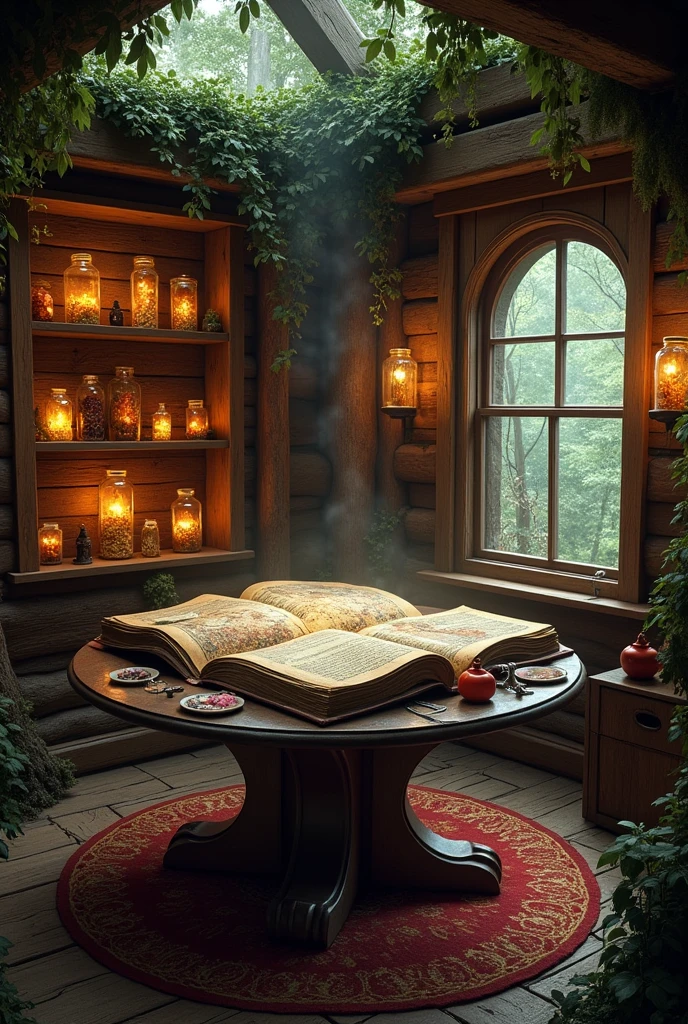 Inside the treehouse, they found a cozy room filled with old books, maps, and strange artifacts. The walls were lined with shelves holding jars of curious items: glowing stones, feathers, and small mechanical gadgets. In the center of the room was a round wooden table with a large, dusty book lying open on it.