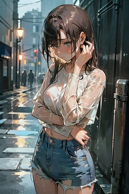 helpless girl, raining, street at night, wet clothes, hourglass body, wet hair, light blouse, denim low waist shorts, worried