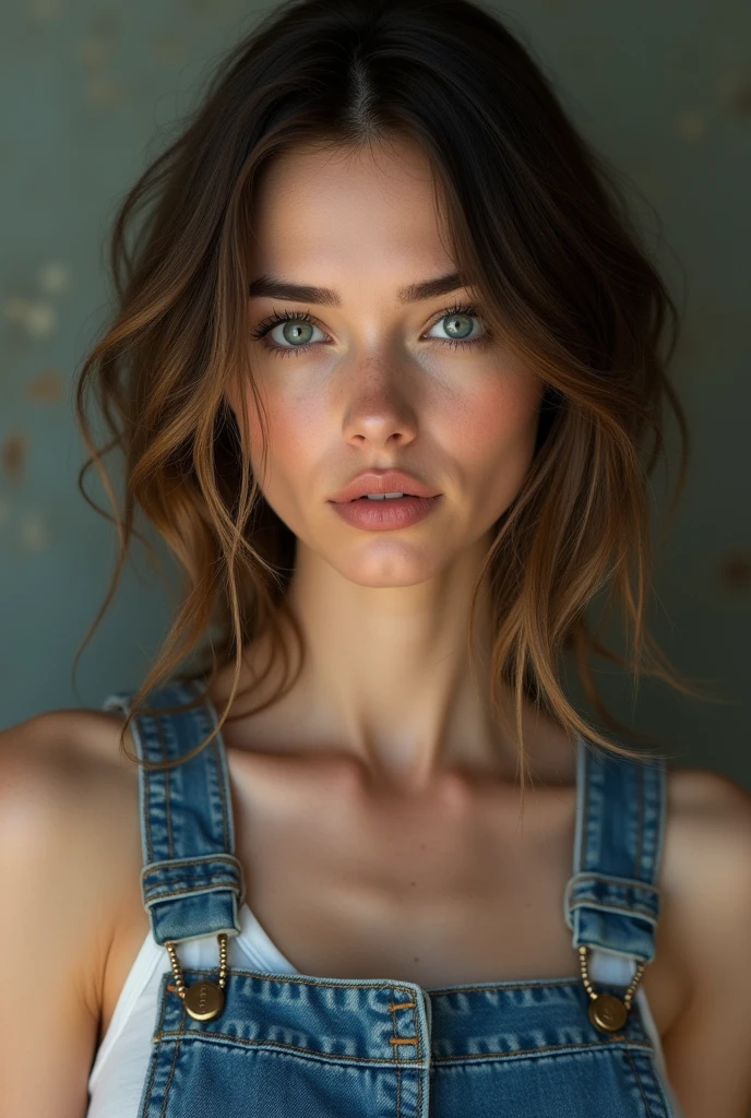 photorealistic girl with gray eyes wears overalls have a shoulder length hair