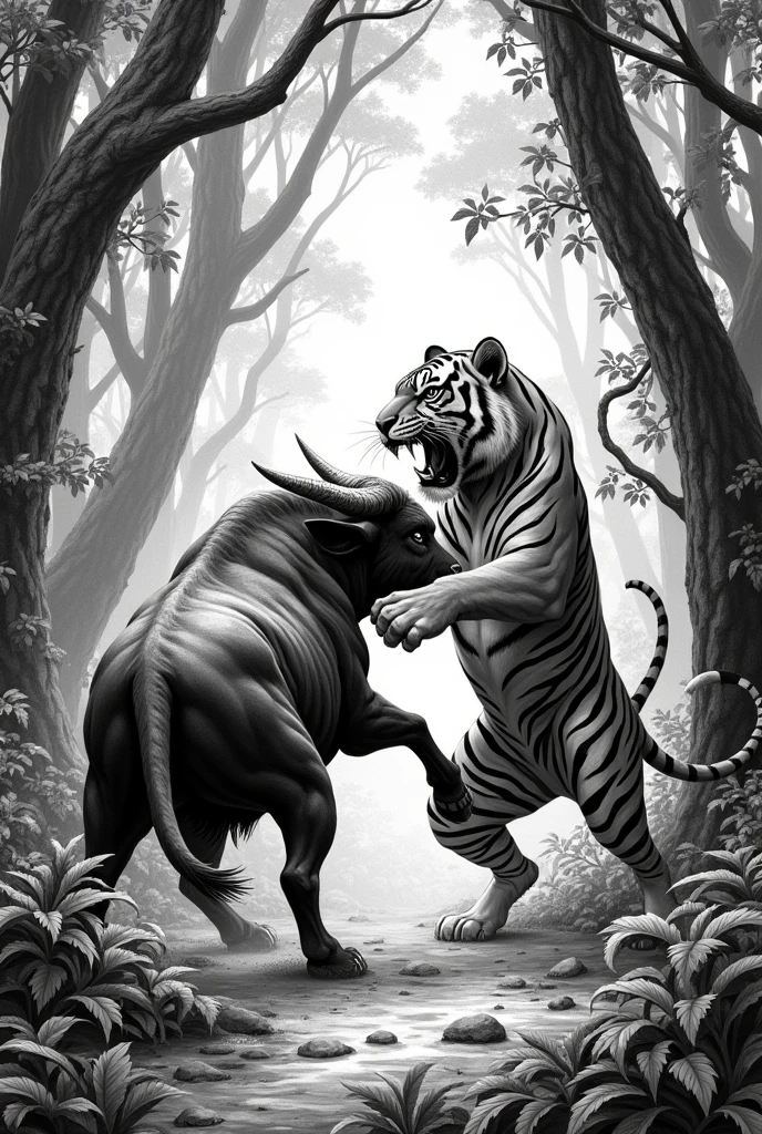 stippling white and black image of javanese bull fighting with tiger in forest