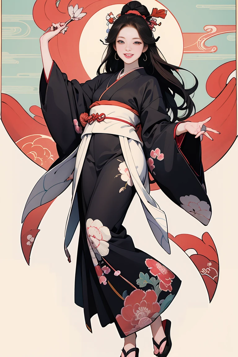 (SeaArt creates stunning illustrations of beautiful women in kimono)、Vividly colored Japanese Ukiyo-e style illustrations、A beautiful woman smiles and shows her upper white teeth、Brown-black long hair、Beautiful full body style、Let's dance a little Tokyo Ondo Yoiyoi、Beautiful new digital paintings,、Bright vibrant digital anime art、 Beautiful anime portraits、background、Torii gate of the Japan shrine、 Detailed digital anime art