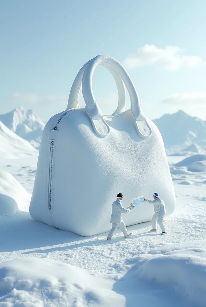 A large white "SEAART" designer handbag with small people building it from ice, surrounded by snow and ice in the style of fashion advertising, inspired in the style of prouce magazine advertising, high resolution photography, advertising-inspired print designs