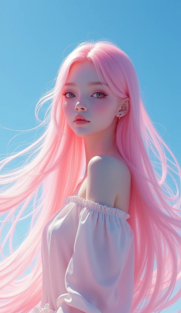 create a imaige a beautifull gril has long pink hair and blue sky