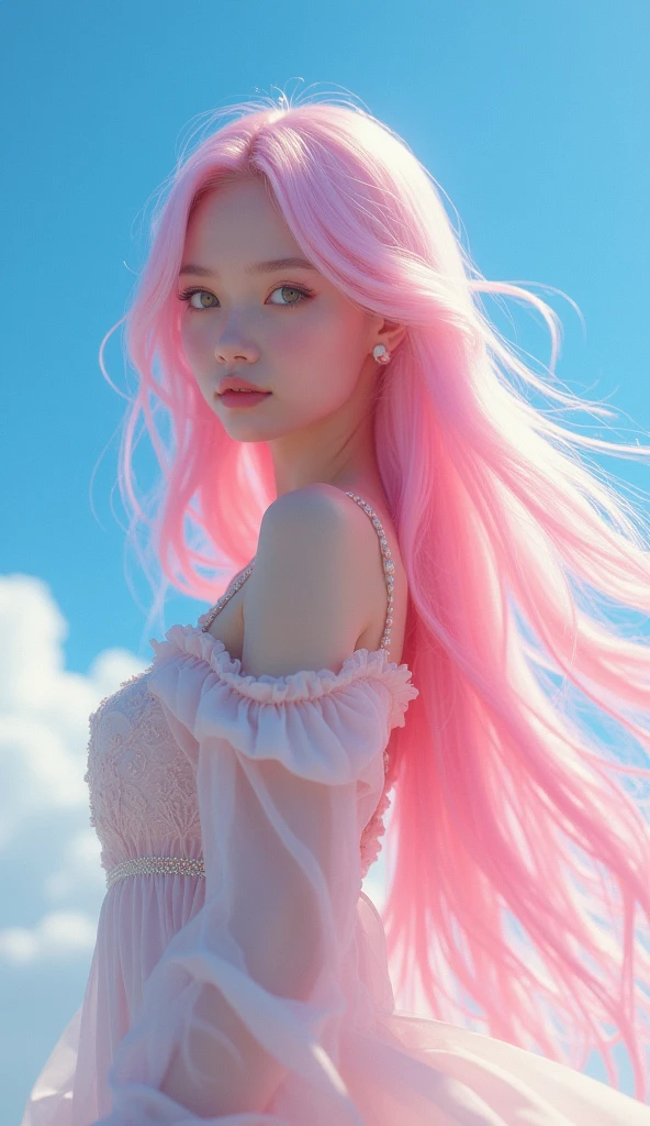 create a imaige a beautifull gril has long pink hair and blue sky