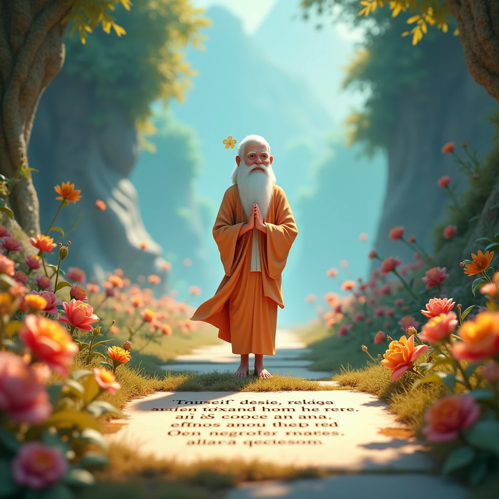 In cinematic 3D cartoon style "Add a gentle inscription of Kabir Sahib’s words: “आओ सेऊ जीम लो, यह प्रसाद प्रेम। शीश कटत हैं चोरों के, साधों के नित्य क्षेम।” at the bottom or top of the image to provide context.