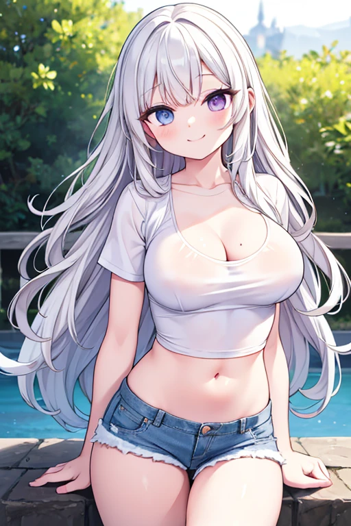 Realistic, High resolution, 1 person, White Wavy Hair, heterochromatic eyes, Small mole under eye, Loose white shirt, Skinny denim shorts, Large Breasts, Thighs, A masterpiece where you can see the underwear, realism,smile,
