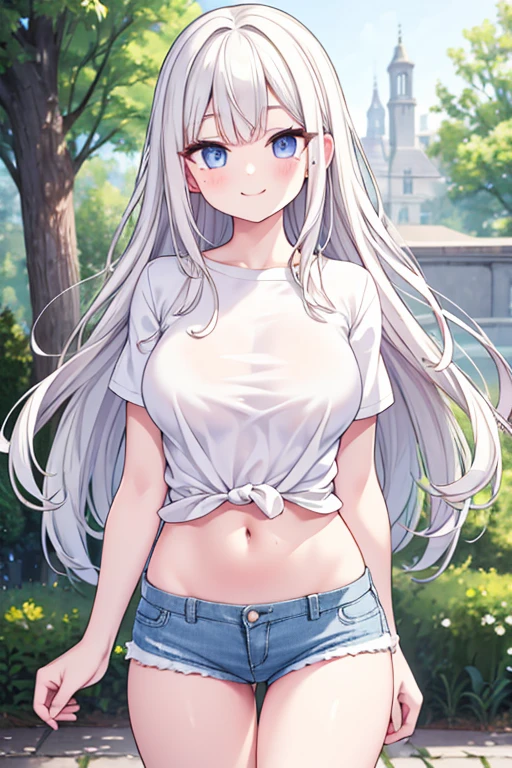 Realistic, High resolution, 1 person, White Wavy Hair, heterochromatic eyes, Small mole under eye, Loose white shirt, Skinny denim shorts, Large Breasts, Thighs, A masterpiece where you can see the underwear, realism,smile,