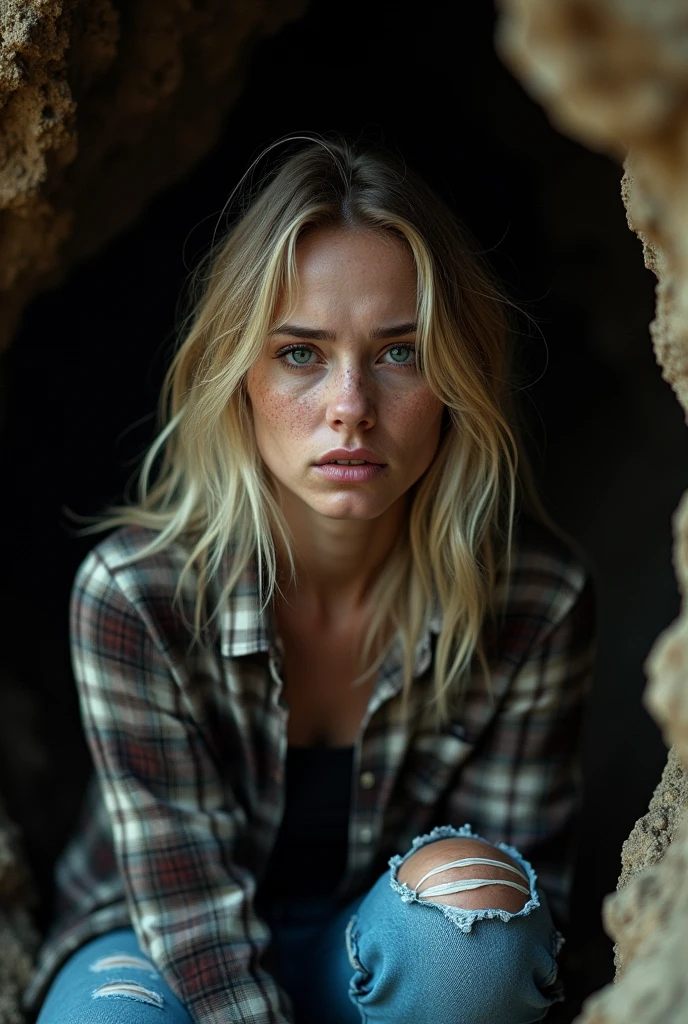 photograph of a woman, (troubled facial expression), textured skin, goosebumps, blonde hair, plaid flannel shirt with distressed boyfriend jeans, cowboy shot, dark and mysterious cave with unique rock formations and hidden wonders, perfect eyes, (candlelight,chiaroscuro), Porta 160 color, shot on ARRI ALEXA 65, bokeh, sharp focus on subject, shot by Don McCullin