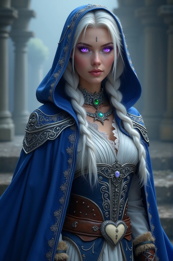 Lavender eyes. Magician Woman, with long braided white hair.  Blue hooded cape decorated with silver embroidery. White blouse, silver breastplate and brown trousers as well as fur-trimmed boots. Silver collar with emerald and silver headband with emerald Brown belt with cream colored pouch