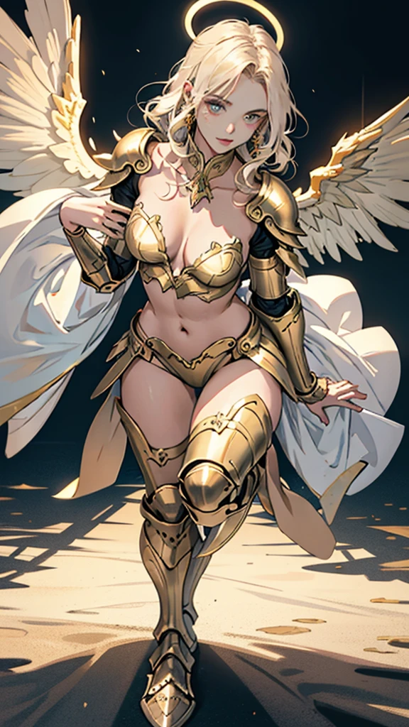 Very beautiful woman angel、Big Wings、 Angel Halo、 full body armor、 Gold Armor、 Realistic、Face reality、and、Sexy smile、Small breasts、Sexy pose、