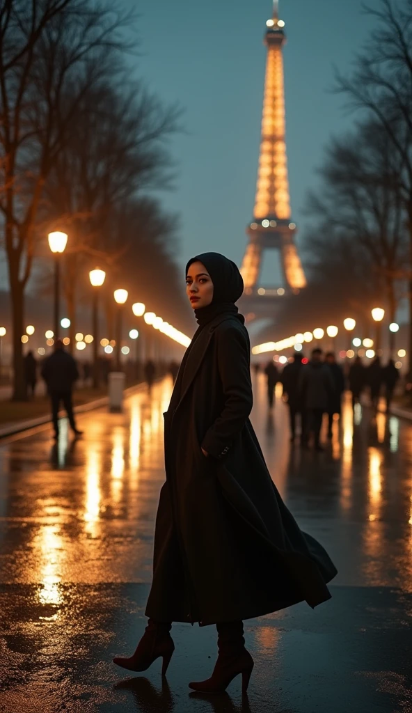 An Indonesian woman with a slim figure and a strikingly symmetrical face walks through a park at night. She is dressed in sophisticated winter fashion, including a long hijab wrapped around her neck, covering her hair. Her sultry, flirty look is complemented by natural makeup. The Eiffel Tower stands tall in the background, partially obscured by the drizzling rain. The wet streets gleam under cinematic lighting, creating a romantic atmosphere.
The scene is captured with a Wide-Angle View, emphasizing the full expanse of the park and the elegant backdrop of the Eiffel Tower. The camera slowly pans to follow her graceful movements as she walks, highlighting her elegant attire and the bustling activity of the park. The ultra HD, 4k resolution ensures that every detail, from the shimmering wet streets to the intricate textures of her winter clothes, is vividly portrayed. Pedestrians are seen moving in the background, while the rain adds a dreamy quality to the night.