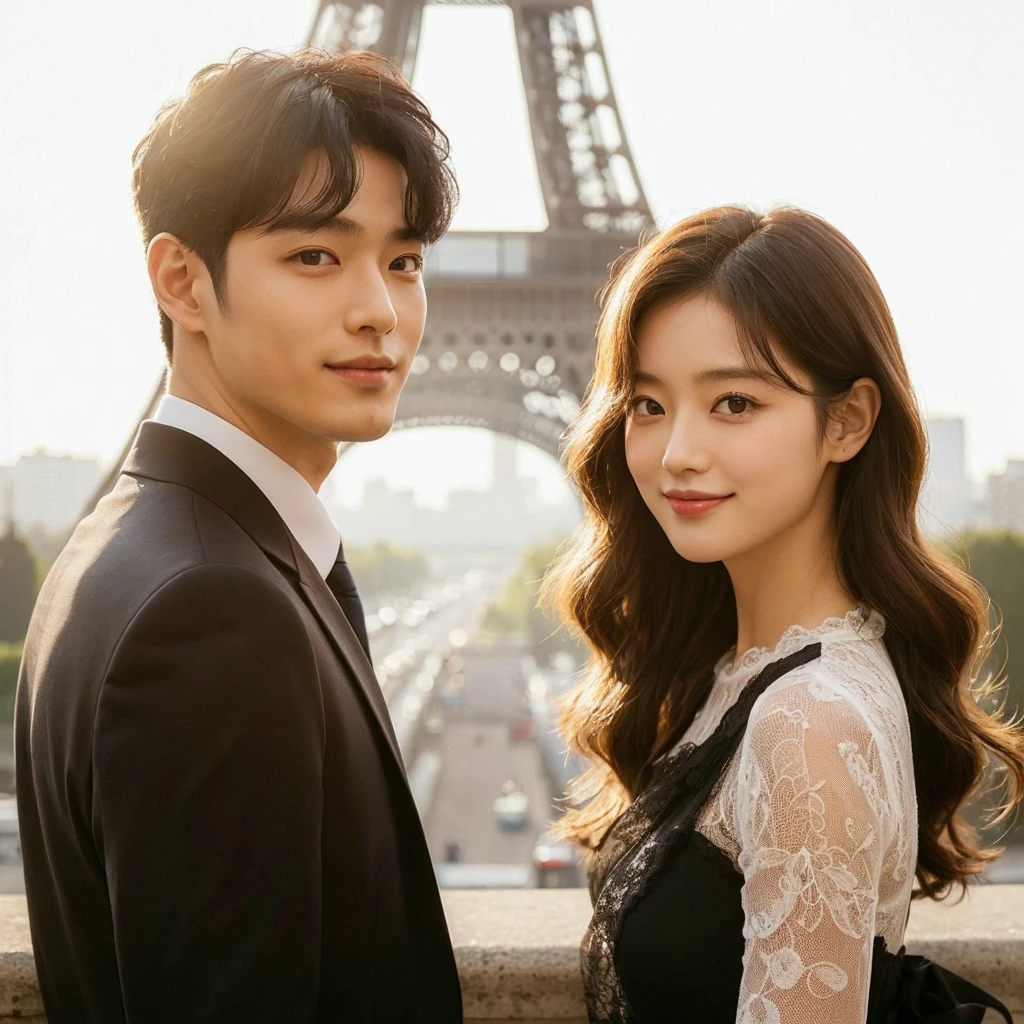 A romantic Korean couple posing in front of the Eiffel Tower. The man, with his hair styled in a short curly, is wearing a sleek black suit and has his back turned slightly while the woman, with long wavy hair, smiles warmly at the camera. She is dressed in a black asymmetrical dress with a white lace blouse. The Eiffel Tower stands majestically in the background, bathed in soft, warm light, giving the scene a dreamy and romantic atmosphere.