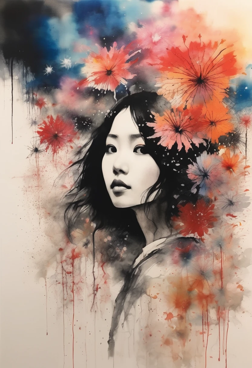 Painting of a beautiful girl looking up at fireworks、Fireworks like large flowers、Filled with love for fireworks、愛情deep、chaos、Disharmony、(Ink drawing on Japanese paper, Bleeding easily)、(絵本のようなContemporary Art) ,Dark Side Artistic、Contemporary Art、(Transparent watercolor) (Light itself is reality) (Soft layer,Colorful colors、lots of colors) (shades of paint dissolved thinly with water) (deep, Delicate colors) paint (draw) In black and white:1.4、Masterpiece、Highest quality、